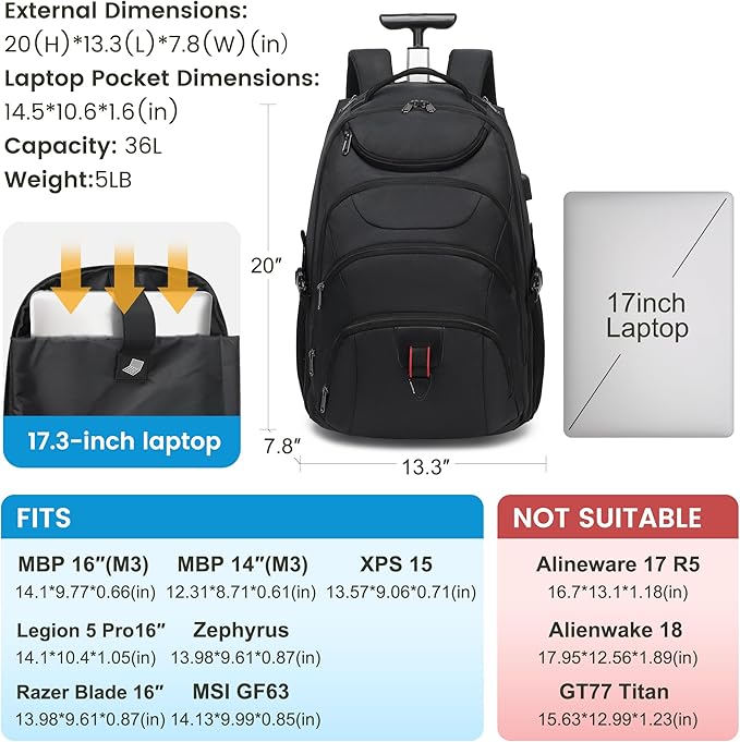 Boavan Rolling Backpack, 17 inch Water Resistant Wheeled Backpack, Carry on - Image 2