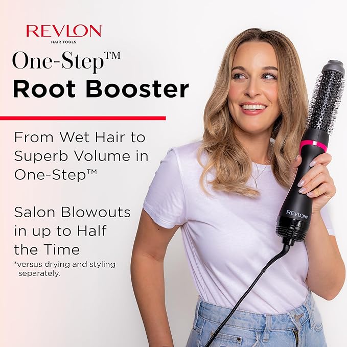 REVLON One-Step Root Booster Hot Air Brush Styler and Dryer, Revive Styles and Add Volume to hair with this Dryer Brush, 1 ½ inch Barrel (Black)