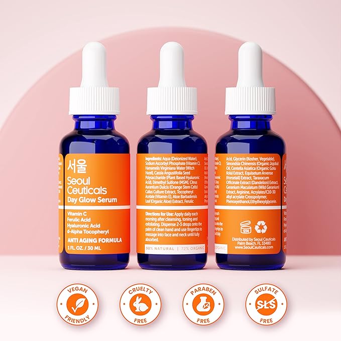 SeoulCeuticals Korean Skin Care 20% Vitamin C Hyaluronic Acid Serum + CE Ferulic Acid - Potent Anti Aging, Anti Wrinkle Korean Beauty 1oz (Pack of 2)