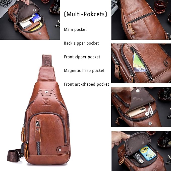 BULLCAPTAIN Leather Sling Bag Mens Chest Bag Casual Shoulder Crossbody Bags - Image 3