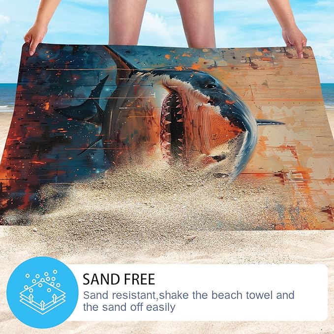 WZOMT Shark Beach Towel, Microfiber Shark Fishing Towel, Retro Ocean Fish Blue - Image 4