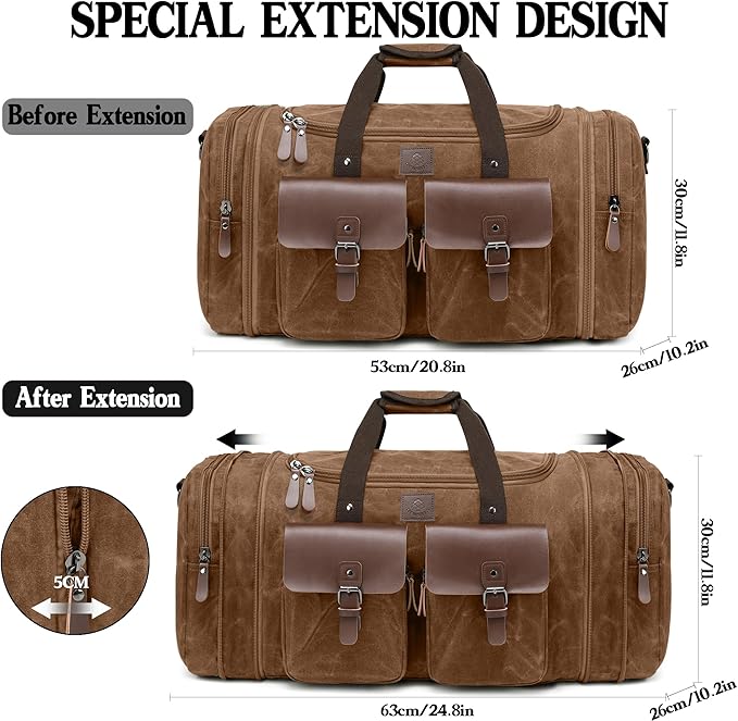 Waxed Canvas Duffle Bag for Men 50L Travel Duffel Bags Expandable Genuine - Image 2