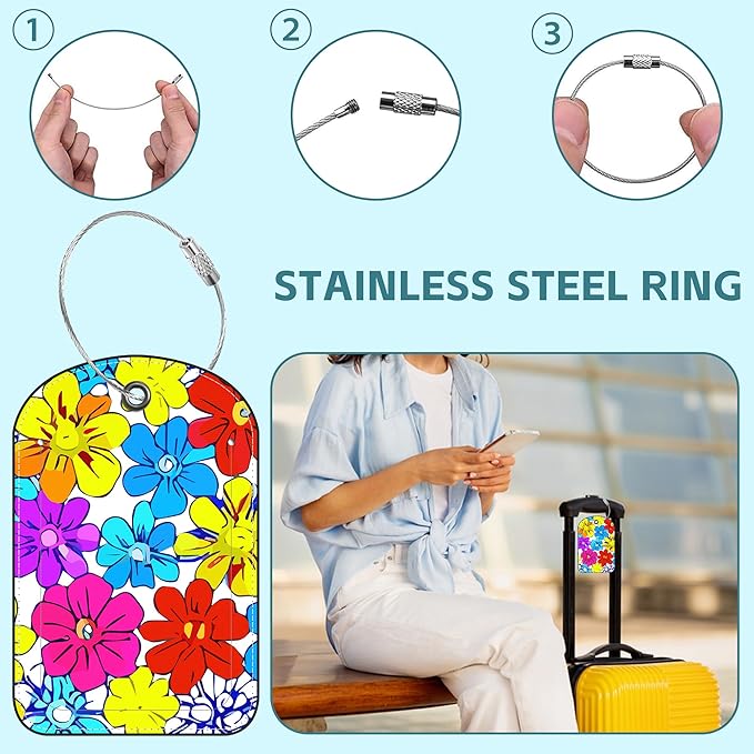 2 Pack Cute Luggage Tag for Suitcases Beautiful Bright Flowers Leather Luggage - Image 3