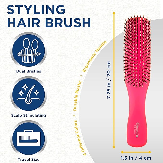 Giorgio GION1R Neon Red 7.75 inch Gentle Touch Detangler Hair Brush for Men and Women. Soft Bristles for Sensitive Scalp. Wet and Dry for all Hair Types. Scalp Massager Brush Stimulate Hair Growth