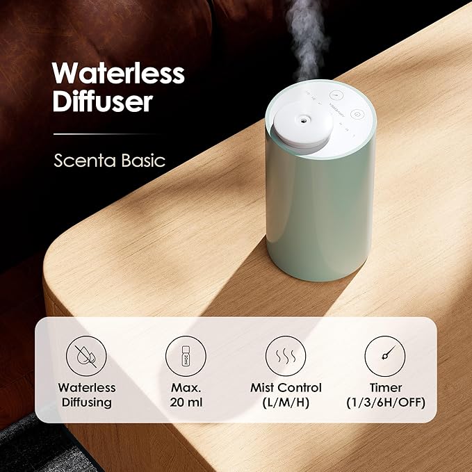 Airversa Waterless Diffuser for Essential Oil, Car Diffsuer, Battery Operated Nebulizer, 0.7 Fl Oz/ 20mL, Mini Scent Air Machine, 3 Timers & 3 Mist Levels for Home, Room, Car, Office - AN6 Green Lily