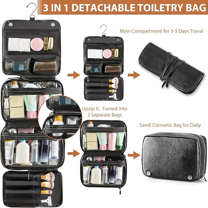 Elviros Hanging Toiletry Bag Removable Travel Bag PU leather Makeup Cosmetic - Image 2