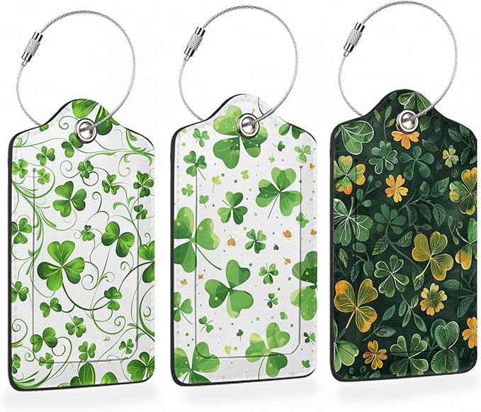 St. Patrick’s Day 3 PCS Luggage Tags, Lucky Clovers Leather Suitcase Tags by Losthll