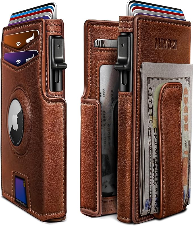 Airtag Wallet for Men, with Money Clip 10 Cards Metal Case Smart Slim Pop Up by Miyozi