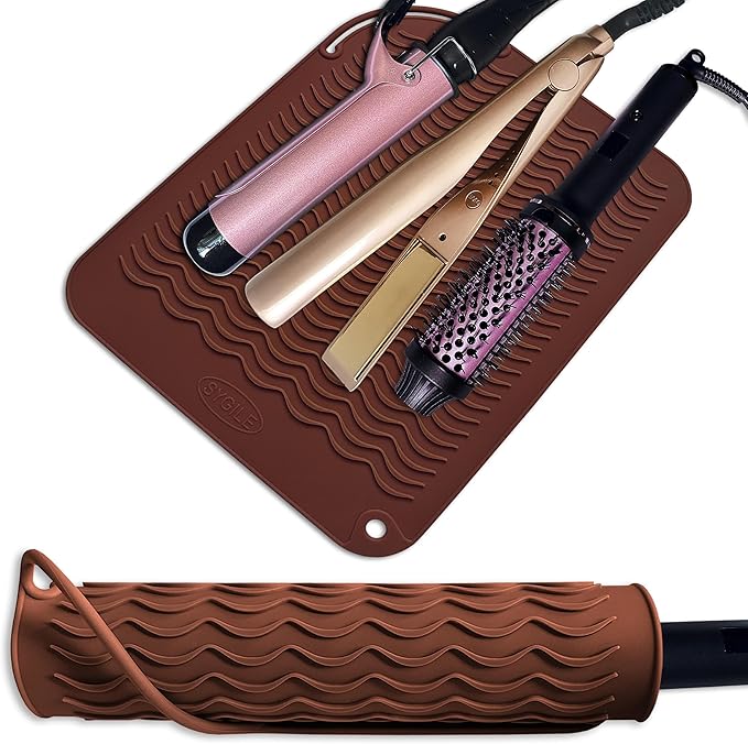12" X 9" Large Heat Resistant Silicone Mat for Hair Styling Tools, Curling Iron Mat, Flat Iron Holder, Hair Straightener Pad, Makeup Mat, Hot Tools Mat for Travel Vanity Salon - Mocha Brown