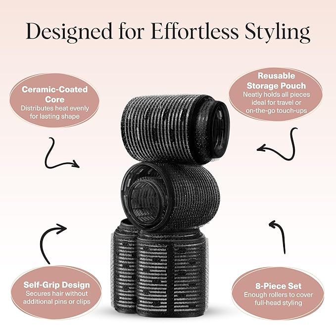 Kitsch Ceramic Thermal Hair Rollers for Women – Self Grip Hair Curlers for Heatless Curls Overnight - Volumizing Large Rollers for Short & Long Hair - For Long Lasting Frizz-Free Curls - Black, 8pcs