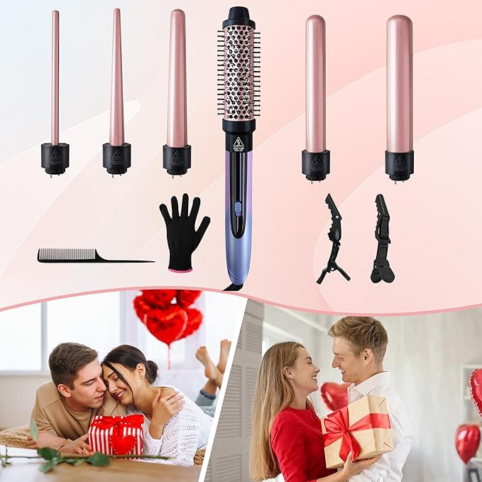 Curling Iron Set, 6 in 1 Hair Curling Wand with Curling Brush and 5 Interchangeable Ceramic Curling Wand(0.35'-1.25') Tourmaline Hair Curler, Instant Heat Up Curling Iron for Long Hair Women