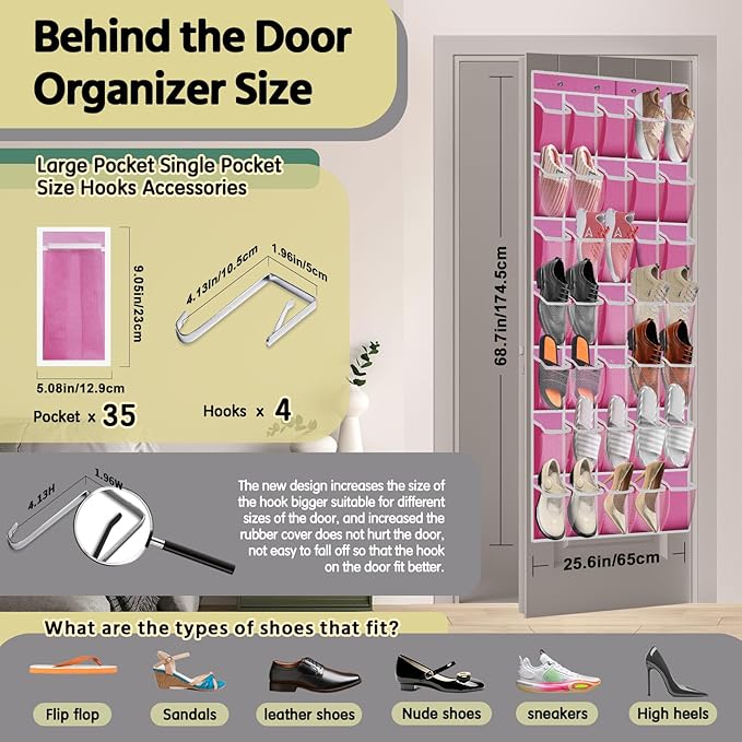 35 Pocket Over the Door Shoe Organizer, Reusable Breathable Large Mesh Bag - Image 3