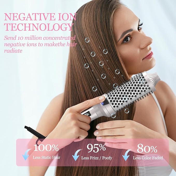 K&K Thermal Brush Heated Round Brush - Blowout Look Volumizer with 1.7 inch Heated Round for Hair Styler Tool Hair Straightener and Curler 2 in 1 Dual Voltage Temperture Contronal (Silver, 1.7 Inch)