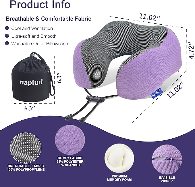 napfun Neck Pillow for Traveling, Upgraded Travel Neck Pillow for Airplane 100% - Image 2