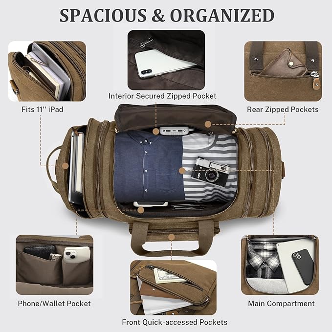 Gonex Canvas Duffle Bag 60L Travel Duffel Overnight Weekend Bag - Image 5
