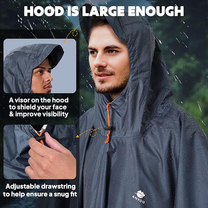 ANYOO Hooded Rain Poncho for Adults Waterproof Lightweight Rain Coat for Men - Image 4