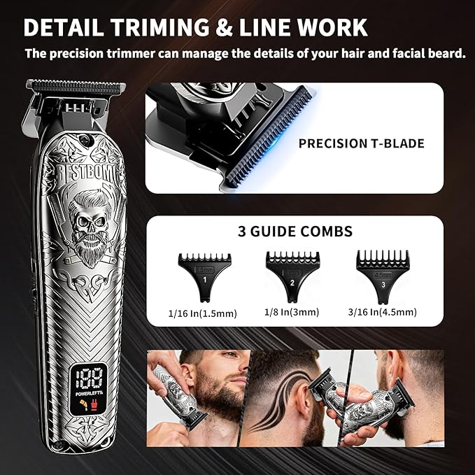 Professional Cordless Mens Hair Clippers & Beard Trimmer Kits & Sets,Metal Hair Clippers Cutting Grooming Kit with Long Battery Life for Family Barber Use (Gray)