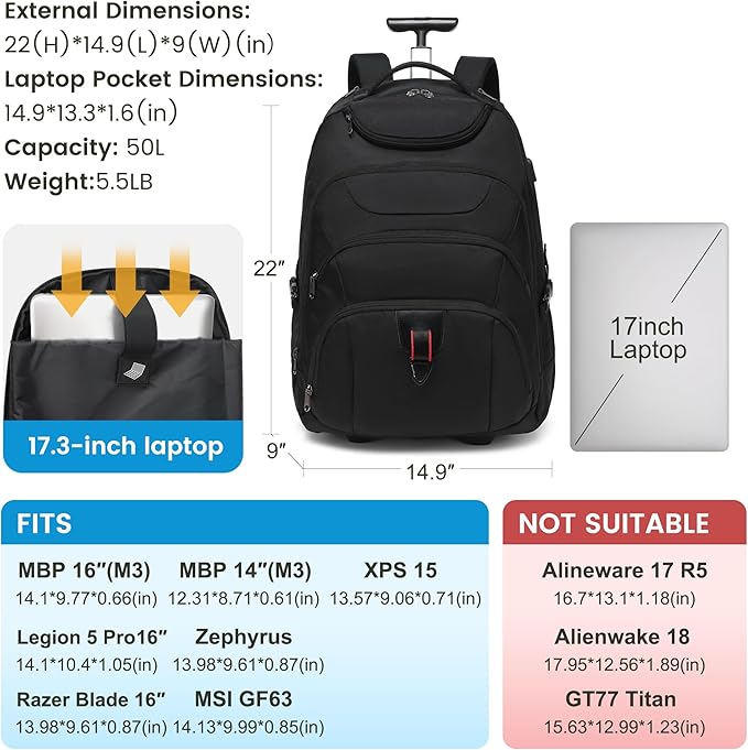 Boavan Wheeled Backpack, 18.4 inch Water Resistant Rolling Backpack, Carry on - Image 3