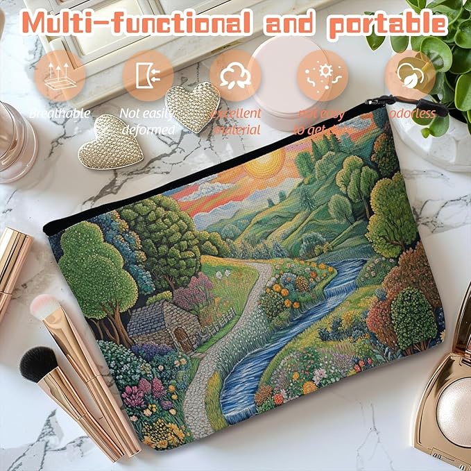 Cosmetic Bags Travel Makeup Toilet Case Waterproof Pouch for Women Girls 6.7X9.45inches - Idyllic Country Landscape With Path And Sun