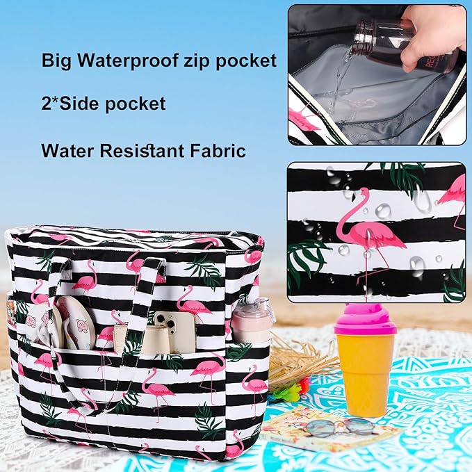 LEDAOU Large Beach Tote Bag Women Waterproof Sandproof Zipper Beach Tote Bag - Image 8