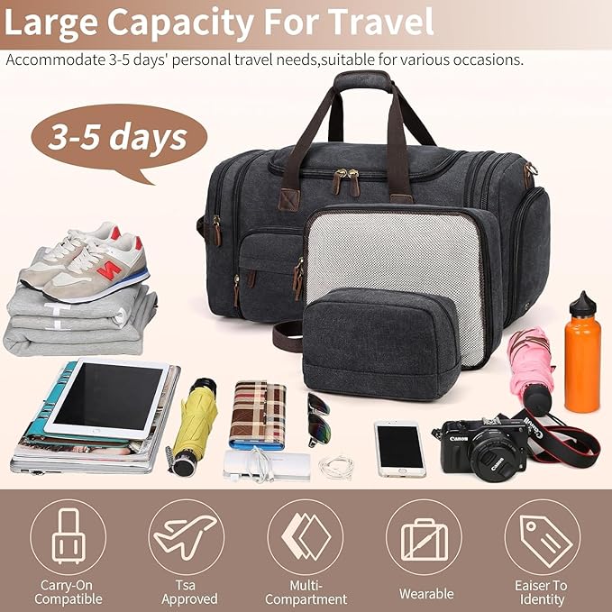 Mens Duffle Bag for Travel 3Pcs Set Travel Bags for Men 60L Expandable Canvas - Image 6