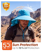 Outdoor UPF50+ Sun Hat Wide Brim Mesh Fishing Hat with Neck Flap (Large-X-Large / Aqua Blue)