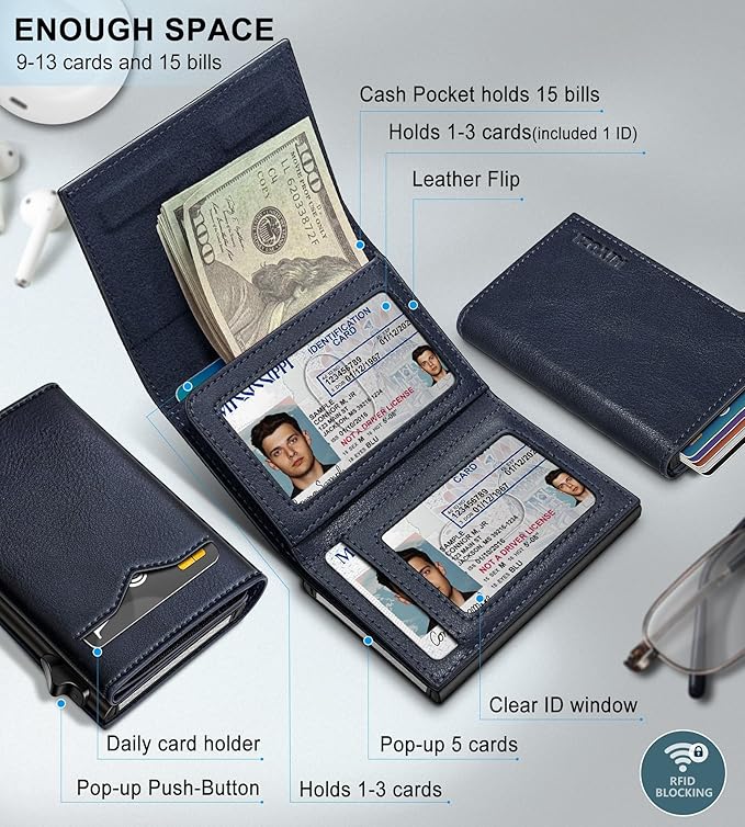 Wallet for Men, with Cash Pocket 2 ID Window 9-13 Cards, Metal Case Smart Slim - Image 2