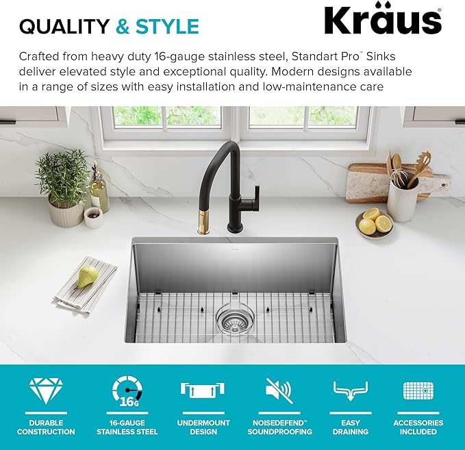 KRAUS Standart PRO 28-inch 16 Gauge Undermount Single Bowl Stainless Steel - Image 4