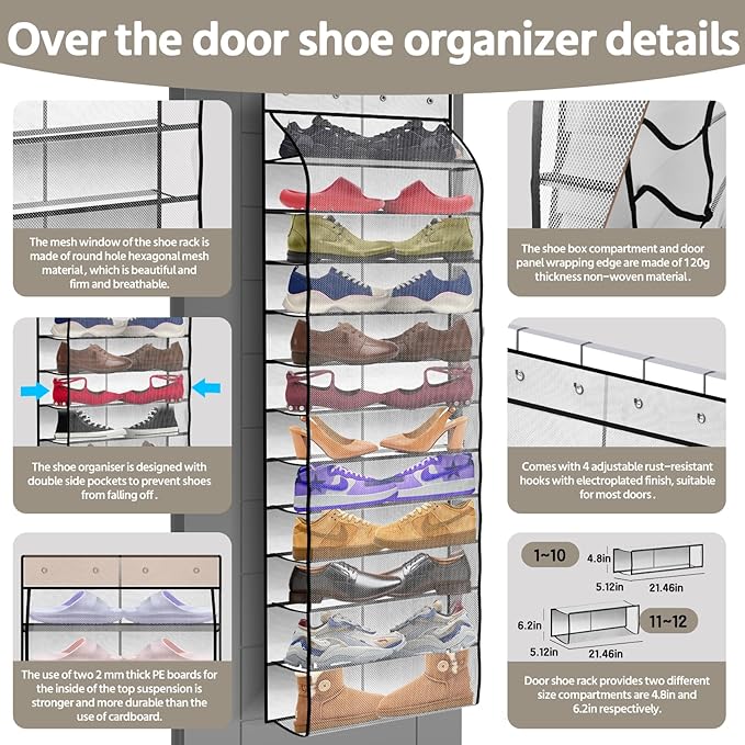 12 Pocket Over the Door Shoe Organizer, Reusable Breathable Large Mesh Bag - Image 2
