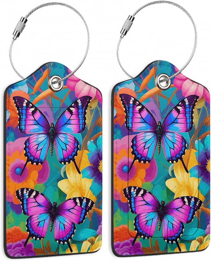 2 Pack Luggage Tag for Suitcase, Groovy Flowers Butterflies Leather Suitcase by TXIANT