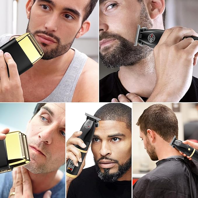HIENA PRO Hair Trimmers and Foil Shaver for Men Kit,Men Professional Cordless Barbers Hair Clippers with LCD Display,Black Gold Zero Gapped Hair Trimmer, Double Foil Shaver