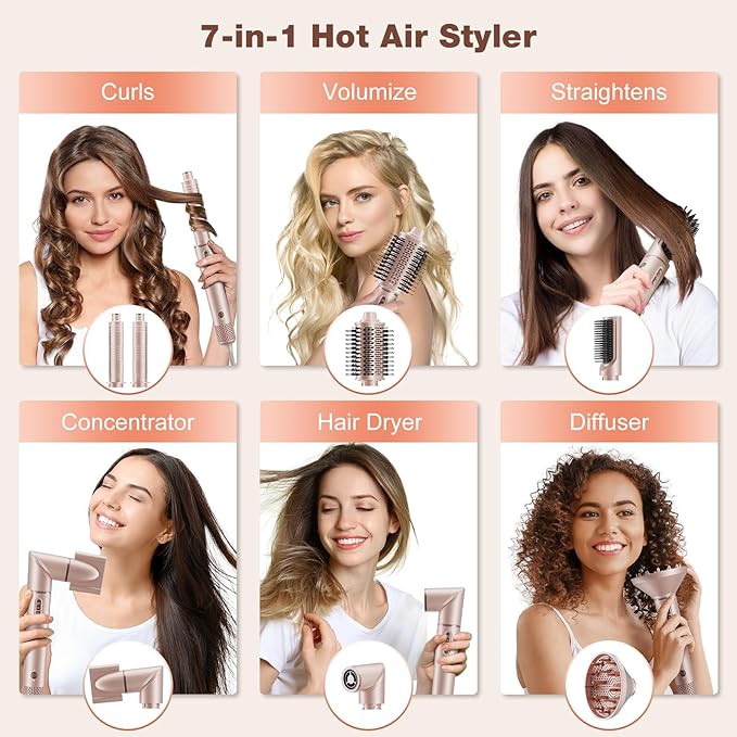 7MAGIC 7 in 1 Hair Styler & Hair Dryer Brush, Negative Ionic Hot Air Styler, 120 Volts, 1400W Powerful Blow Dryer Brush & Multi-Style for Straight, Wavy, Curly, and Coily Hair, Travel Case, Pink