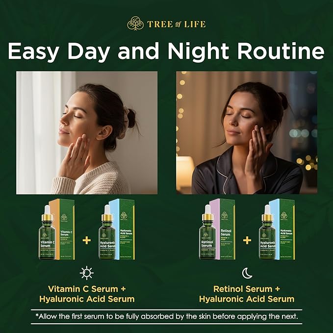 Tree of Life Beauty Facial Skin Care Set, Firming, Hydrating, Dry Face, Dermatologist Tested - Trio Power Kit, Vitamin C, Retinol and Hyaluronic Acid, 3 count of 1 Fl Oz