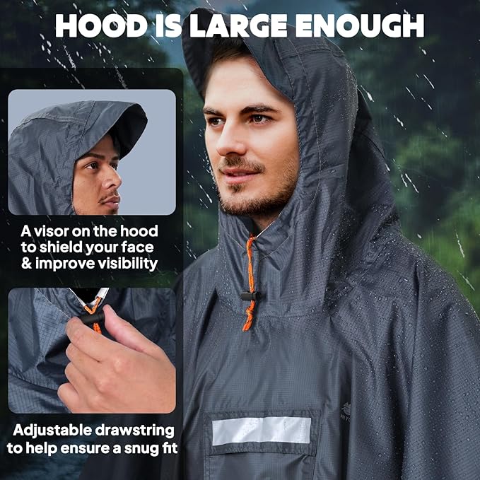 ANYOO Hooded Rain Poncho for Adults Waterproof Lightweight Rain Coat for Men - Image 4