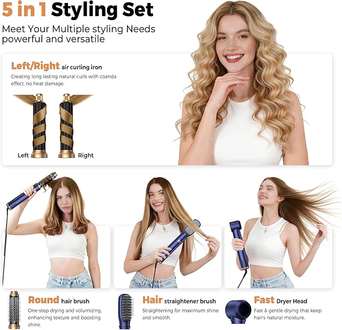 5 in 1 Hair Dryer Brush Set,Professional Negative Ionic Hot Air Styler, Air Curling Wrap Styler,Detachable Blow Dryer Brush With Auto Wrap Curlers,Hair Styling Tools For Straight/Curl/Drying/Smoothing