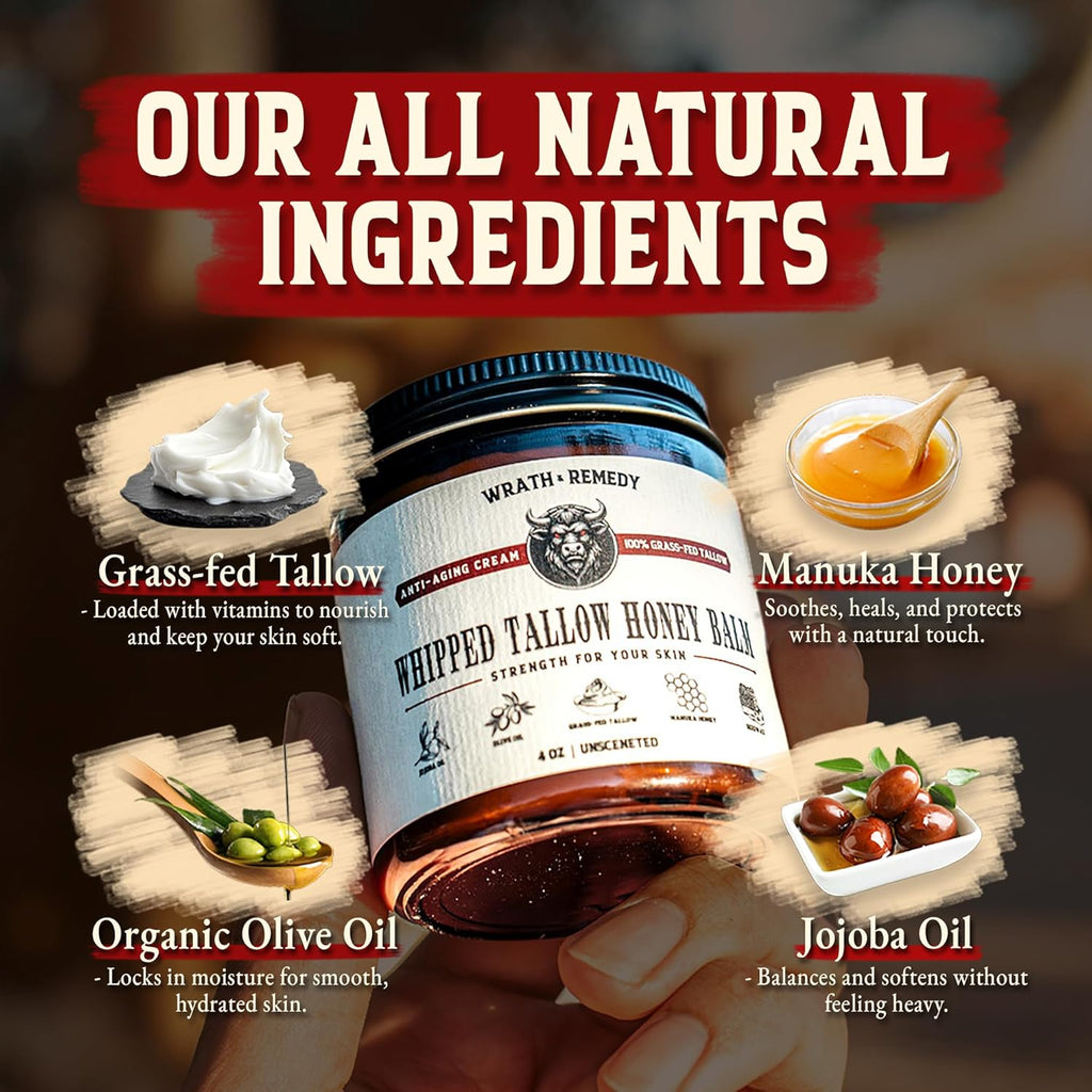 Organic Beef Tallow for Skin - 4 OZ (Citrus) — Grass Fed Beef Tallow for face + Body — US-Made Whipped Tallow and Honey Balm Moisturizer for Dry and Sensitive Skin, Eczema, Rosacea (No Additives)