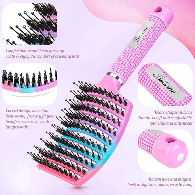 Boar Bristle Hair Brush Curved Vented Detangler Brush Faster Blow Drying, Paddle Detangling Brush for Women Men Kids Wet Dry Long Curly Thick Straight Hair, Make Hair Shiny and Healthier(Purple+Green)