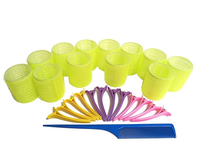 Kamay's Hair Rollers Curlers Rollers With 12 Duckbill Sectioning Clips 1 Comb Used for Hair Styling Self Grip Rollers(12PCS 48mm 1-1/2")