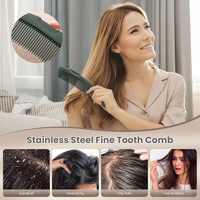 2PC Dandruff Comb Fine Tooth Scalp Detox Comb Lice Stainless Steel Scalp Detoxing Hair Brush Tool Hair Care for Women, Men & Kids (Green)
