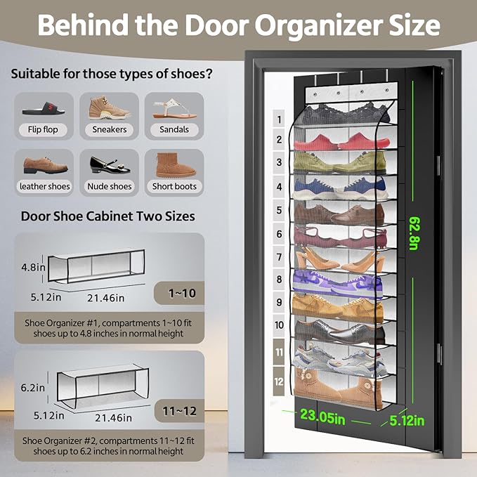 12 Pocket Over the Door Shoe Organizer, Reusable Breathable Large Mesh Bag - Image 3