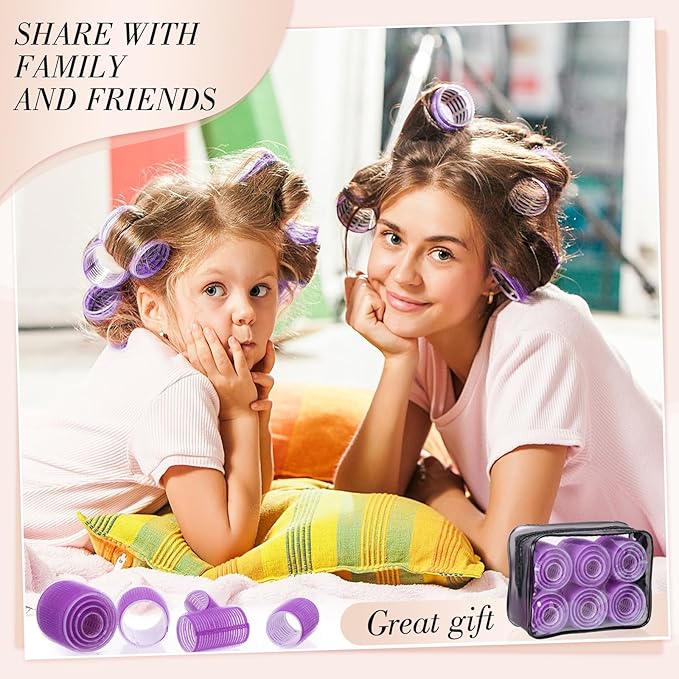 obeoby 4 Sizes Rollers Hair Curlers, 50 Pcs Set Jumbo Hair Rollers 25mm 36mm 48mm 60mm Self-Grip Hair Rollers with Clips, Curlers for Women Long, Short Hair and Bangs (Purple)