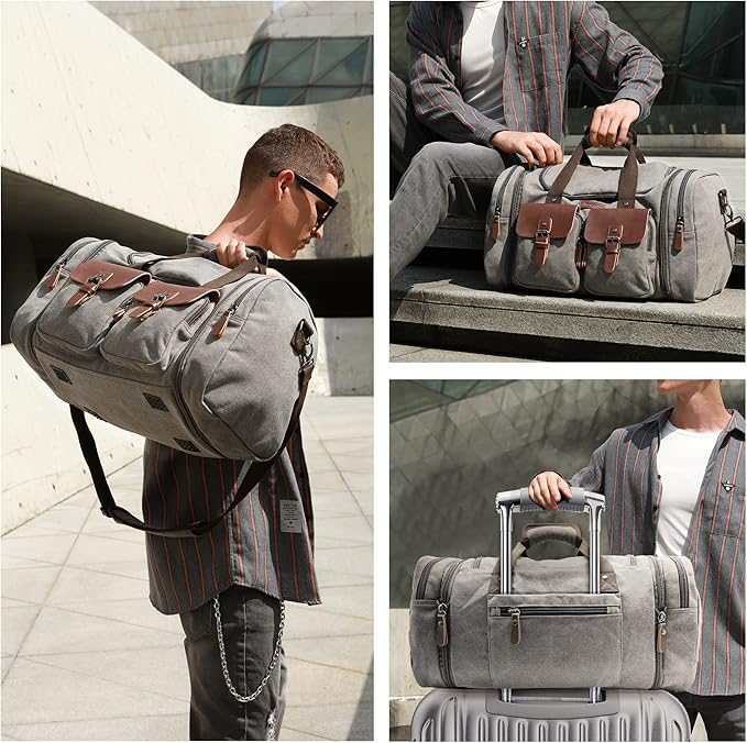Wildroad 60L Travel Duffel Bag, Expandable Canvas Genuine Leather Duffle Bag - Image 3