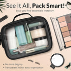 Clear Makeup Bag Set - Premium Quality Travel Cosmetic Bag w/Clear Transparent Front - 3pcs Gift for Travelers - Large & Small Makeup Bags & Portable Mirror in a Beautiful Gift Box, Black