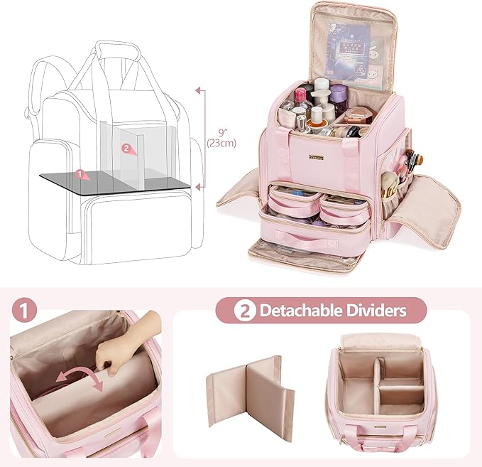 Large Makeup Backpack with 3 Clear Makeup Bags, Double Layers Professional Makeup Travel Case with Brushes Storage Section for Makeup Artists