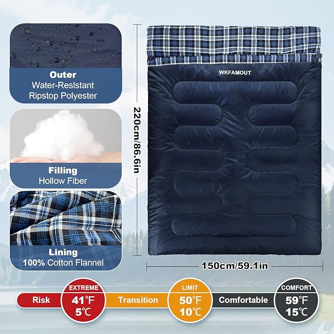 Double Sleeping Bag for Adults Machine Washable 2 Person Camping Sleeping Bag - Image 2