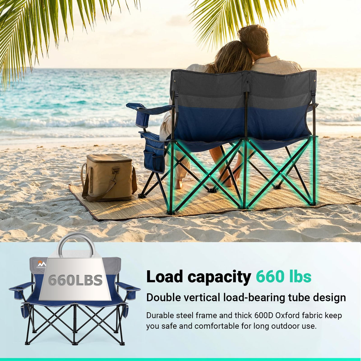 Double Camping Chair Compact Folding Loveseat with Cup Holders (Blue Loveseat / 1pc)
