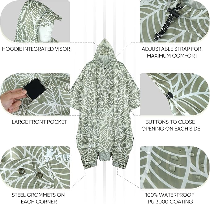 PTEROMY Hooded Rain Poncho for Adult - Image 2
