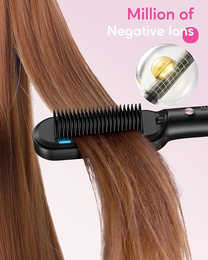 Wavytalk Hair Straightener Brush,Sleek Sweep Ionic Straightening Brush with 6 Temperature Adjust, Anti-Scald Ceramic Hair Straightener Comb Fast Heating for Home Salon, Dual Voltage, Rose Gold