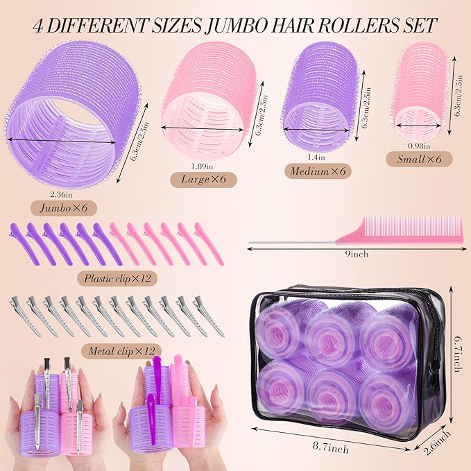 Obeoby 4 Sizes Hair Rollers for Women, 50 Pcs Set Hair Curlers with Clips Comb Curlers for Long Short Curly Hair and Bangs (25, 36, 48, 60mm), Pink Purple