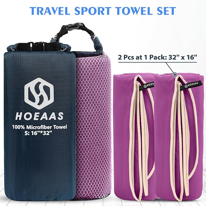 HOEAAS 2 Pack Microfiber Camping Towels, Quick Dry Towel, Super Absorbent Ultra - Image 2